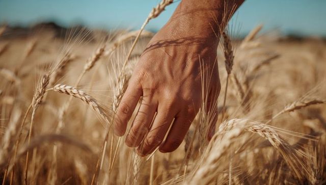 Bare hand brushing through golden wheat field closeup sunlit harvest horizon