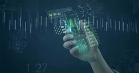 Hand holding smartphone with holographic ar dashboard