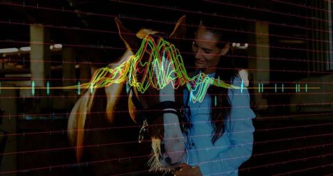 Woman connecting elegantly with horse in barn with overlayed data waveforms