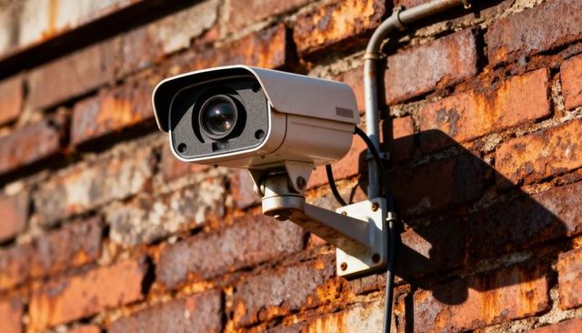 Sunlit security camera monitoring rusty brick wall for industrial cctv surveillance