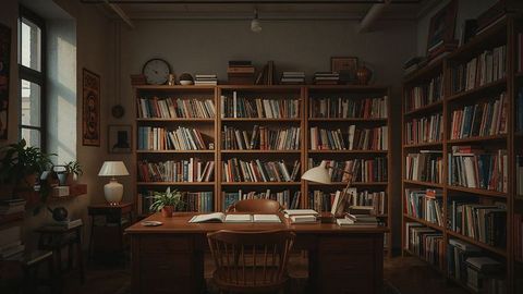 Cozy Home Library with Vintage Wooden Furniture