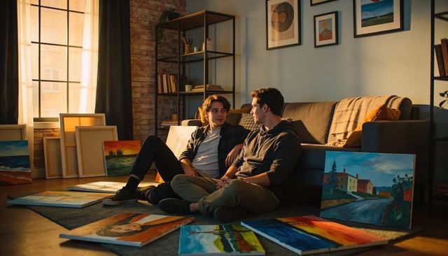 Young artists sharing quiet conversation sitting on floor amid colorful canvases in sunlit loft