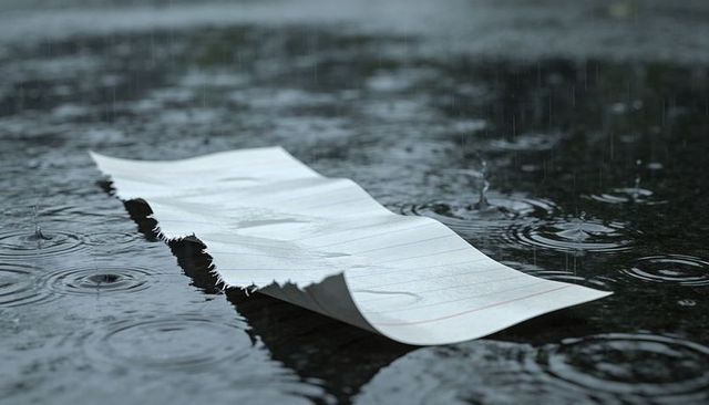 Floating Torn Wide-Ruled Notebook Page Drifting in Rain on Asphalt with Water Ripples
