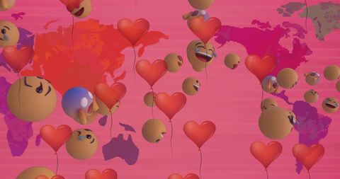 Emojis and heart balloons over world map