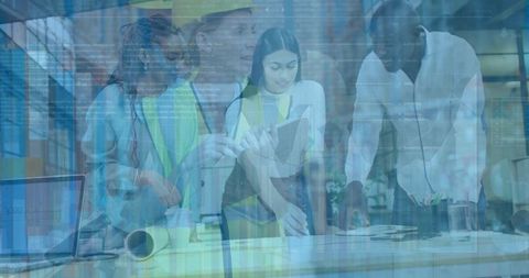 Diverse Team Collaborating Amid Digital Data Overlay