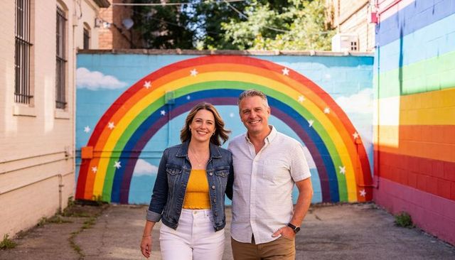 Mature couple walking and smiling past vibrant rainbow mural in sunlit urban alley
