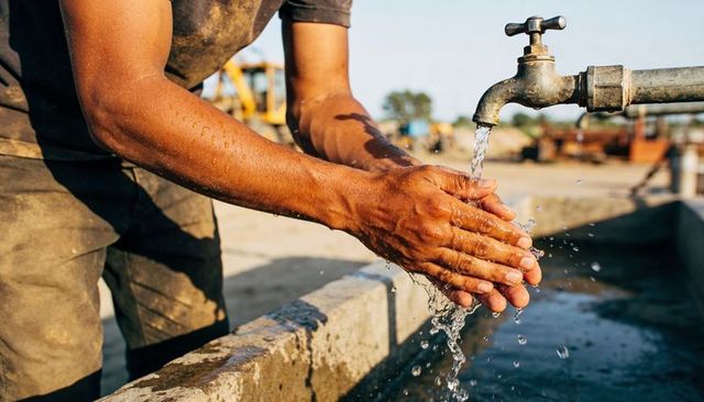 Construction worker washing hands under outdoor tap on dusty worksite