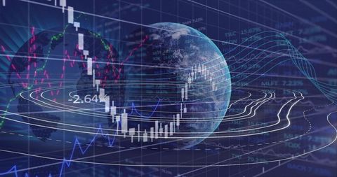 Futuristic global market analysis with virtual technology visualization