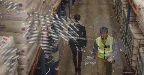 Warehouse team walking aisle wearing hi-vis vests with inventory and global map overlay