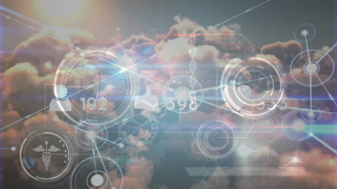 Visualizing Data with Network Icons Over Cloudy Sky