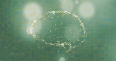 Glowing Neural Network Brain Over Teal Data Grid with Circuitry and Honeycomb Nodes