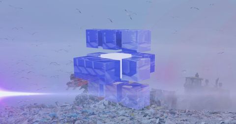 Digital Cube Over Landfill Depicting Pollution and Recycling