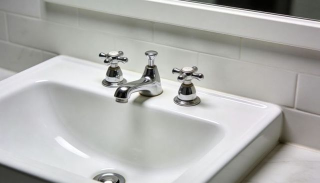 Minimal white bathroom sink with chrome faucet and cross handles on subway tile vanity