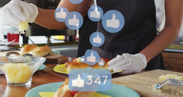 Chef Garnishing Hotdogs with Social Media Like Icons Proliferating - Download Free Stock Images Pikwizard.com