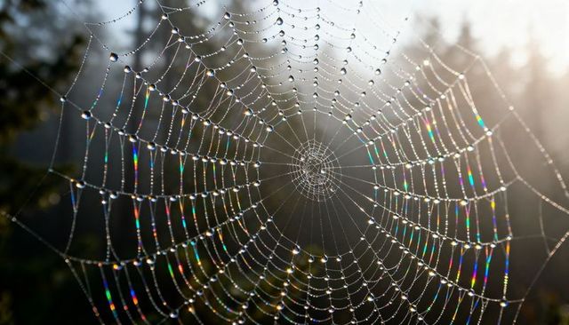 Dew-Covered Spider Web Catching Morning Light Refracting Rainbow Colors at Forest Edge