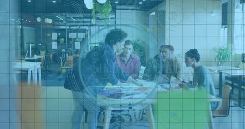 Diverse Team in Office with Digital Financial Interface Overlay