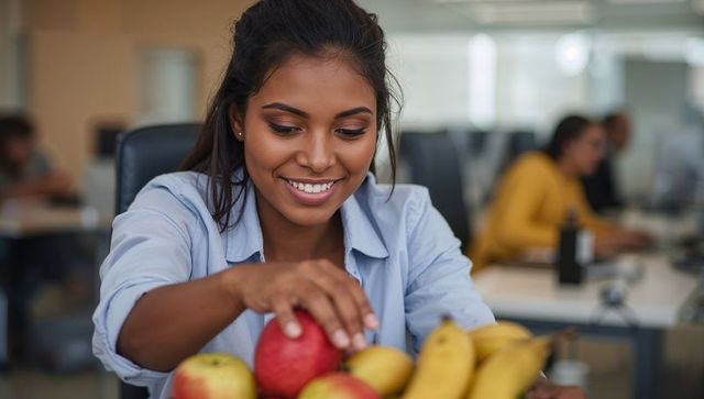 Smiling woman selecting red apple from fruit bowl on modern open-plan office desk