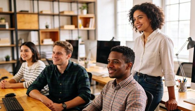 Diverse young team collaborating at open-plan office desk with computers and smiles