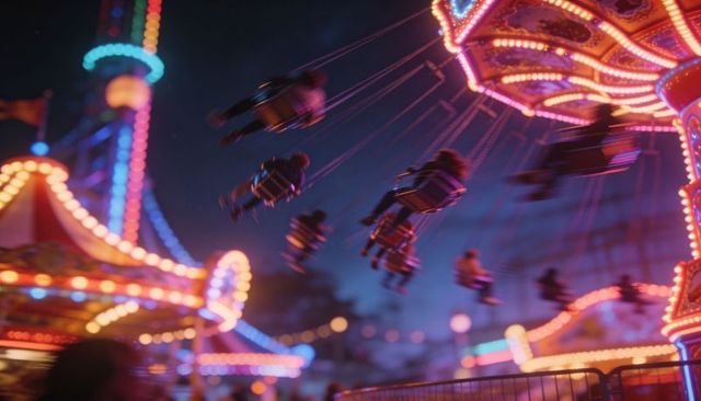Neon swing carousel spinning at dusk, blurred riders soaring through colorful bokeh lights