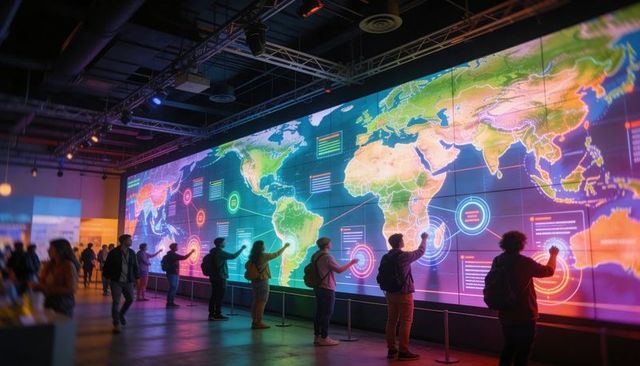 People interacting with giant digital world map wall display in futuristic museum gallery