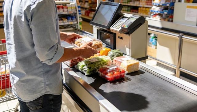 Man placing groceries on supermarket conveyor at checkout with pos terminal