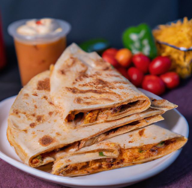 Close up of fresh quesadilla filled with vegetables and sauce with dip. Food, tradition and seasoning concept.