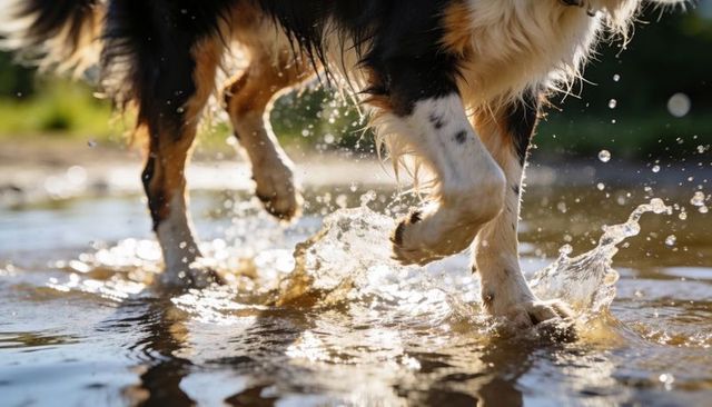 Tricolor dog splashing through shallow stream with wet fur glistening in sunlight