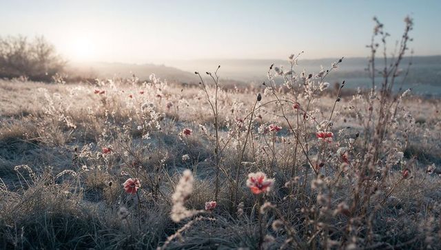 Dawn meadow bathing in frosty light with backlit red wildflowers and misty pastel morning