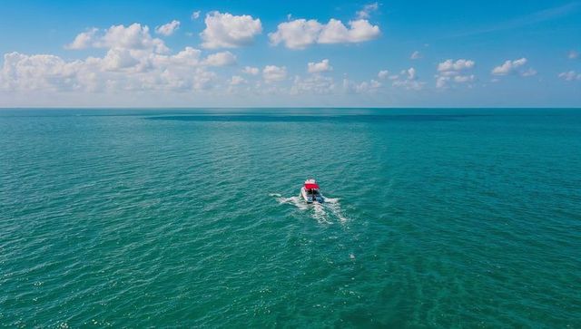 Solitary motorboat gliding across turquoise ocean horizon with red canopy and white wake