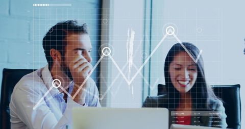 Business Team Analyzing Financial Growth Data with Global Graph Overlay