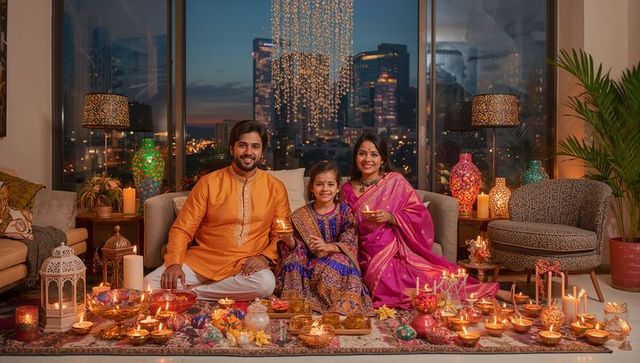 Indian family celebrating diwali at home holding lit diyas in traditional bright attire
