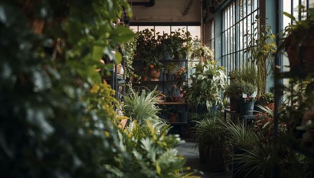 Sunlit greenhouse aisle with potted ferns and leafy houseplants on rustic metal shelving