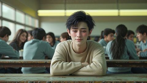 Contemplative teen in school cafeteria, reflective moments in education - shy concept