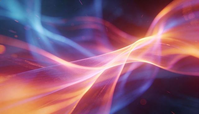 Flowing neon light ribbons shifting color over dark background with ethereal translucent glow