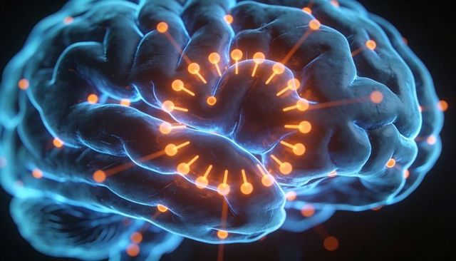 Neural brain model glowing neon-blue with spiral orange activation nodes