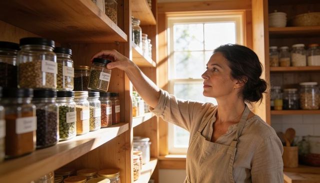 Middle-aged woman reaching for labeled jar on sunlit rustic pantry shelves, shop owner