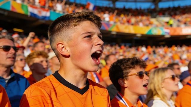 Teen male fan cheering in orange jersey amid vibrant sunny stadium crowd supporting team