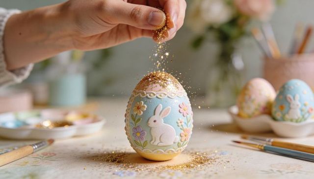 Hand sprinkling gold glitter over pastel easter egg with bunny relief and floral design