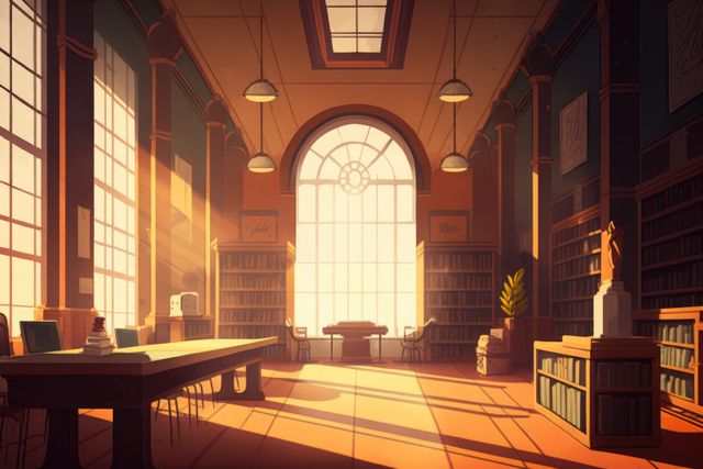 Interior of library with bookcases, tables and big windows created using generative ai technology. Library, reading and design concept digitally generated image.