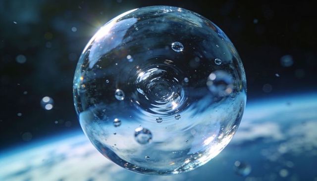 Giant glass bubble floating over earth limb with internal droplets and cosmic reflections