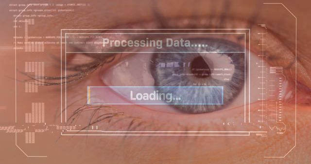 This image showcases a close-up of a human eye with overlapping digital data graphics and a loading screen, hinting at themes of technology, biometric identification, and cyber security. Ideal for illustrating concepts related to tech advancement, AI, virtual reality, and data management in presentations, articles, or technology-related content.