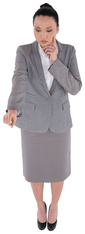 Transparent Thoughtful Asian Businesswoman Pointing with Focus