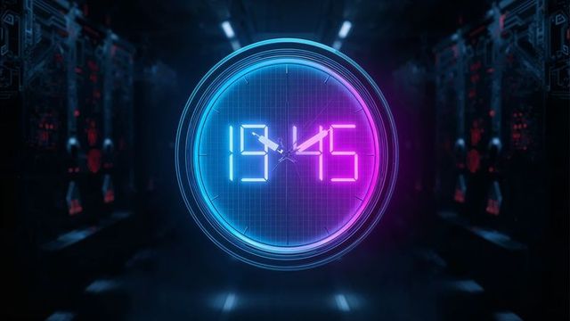 Futuristic Neon Digital Clock in Tech Corridor