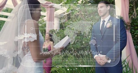 Bride reading vows at garden pergola with groom listening and futuristic hud overlay