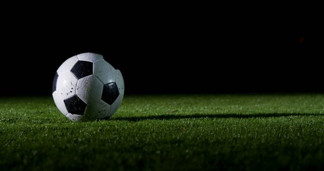 This image features a classic black and white soccer ball resting on green grass under a focused spotlight in the dark. Ideal for use in sports promotions, soccer-related advertisements, and articles about football games or night matches.