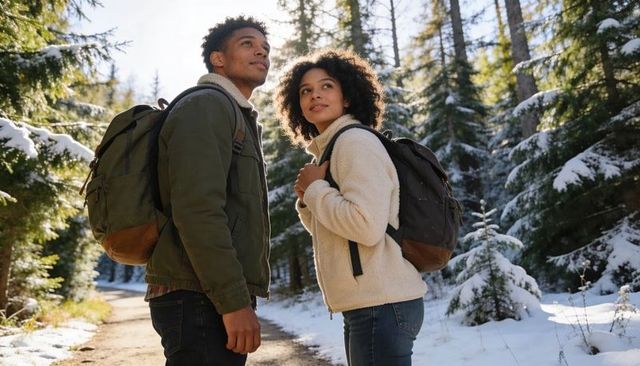 Young couple hiking snowy pine forest pausing on sunlit winter trail with backpacks