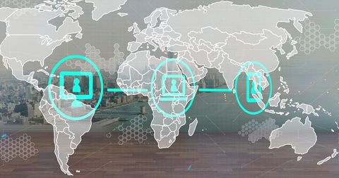 Digital network on world map and cityscape background