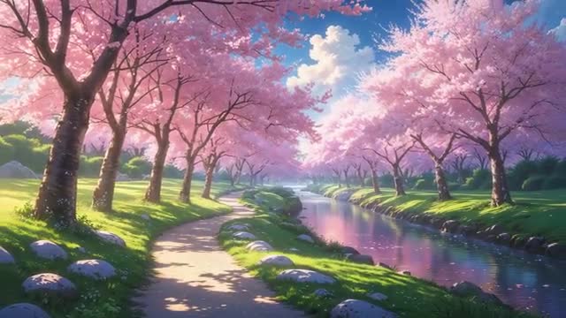 Serene Pathway Through Cherry Blossom Grove by Rippling Stream