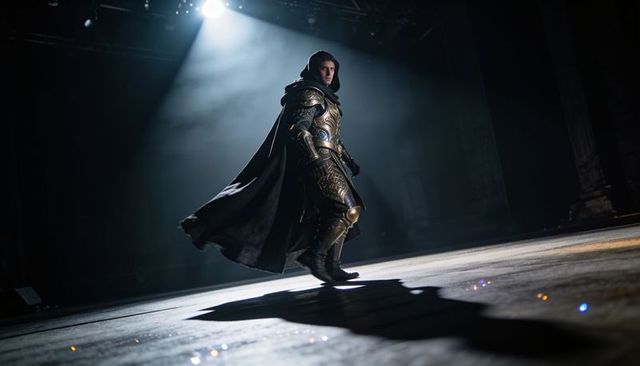 Hooded knight in ornate armor striding across spotlighted stage with flowing cape and dramatic haze
