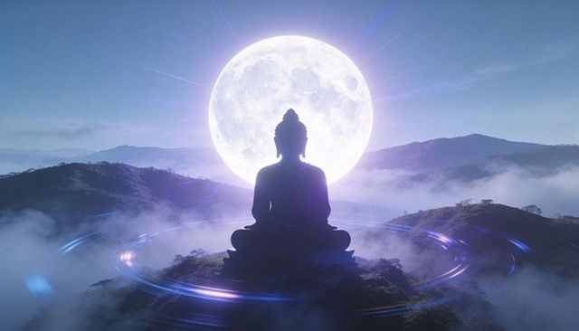 Meditating buddha silhouette glowing before oversized full moon on misty mountain ridge